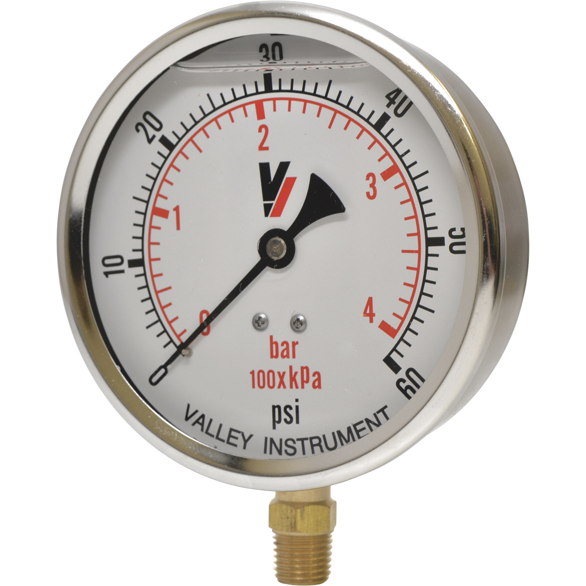 Valley Industries, 4in. Bottom Mt Gauge 60PSI, Case Material Stainless Steel, Min. Operating Pressure 0 PSI, Max. Operating Pressure 60 PSI, Model# 4140GXB60